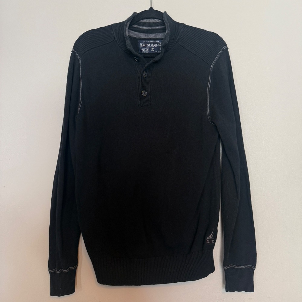 Y2K 90s Nautica Jeans Co Mens Black Snap Neck Sweater NJ 99 Size S Cotton